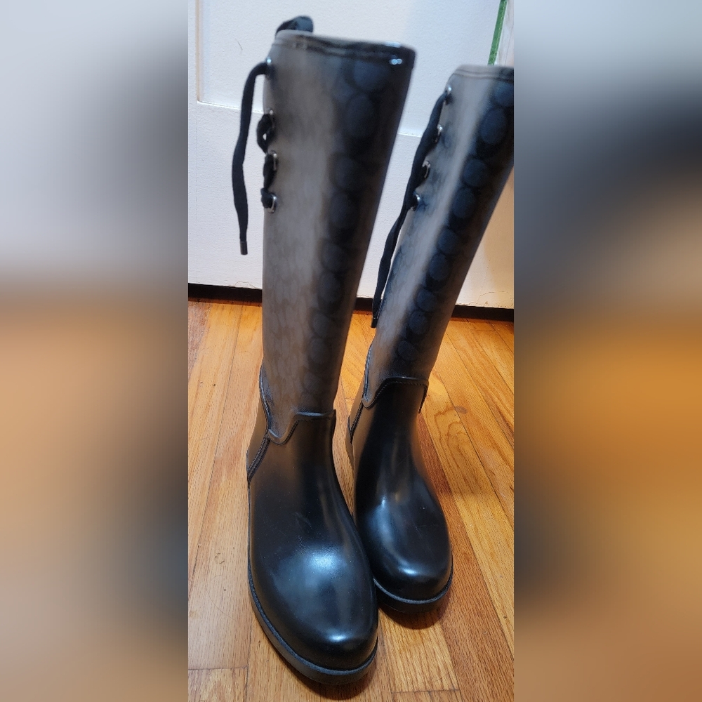 Coach – Tall Black Rain Boots | Lace-Up Back | EU 37